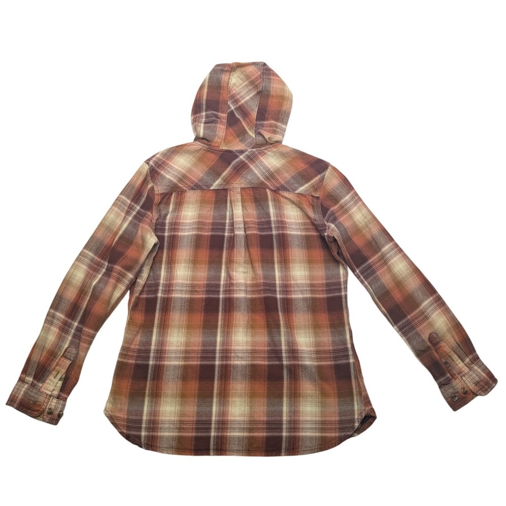 Carhartt Hooded Flannel Shirt Kids Medium 8/10 Brown Orange Plaid Button Up - Picture 2 of 7